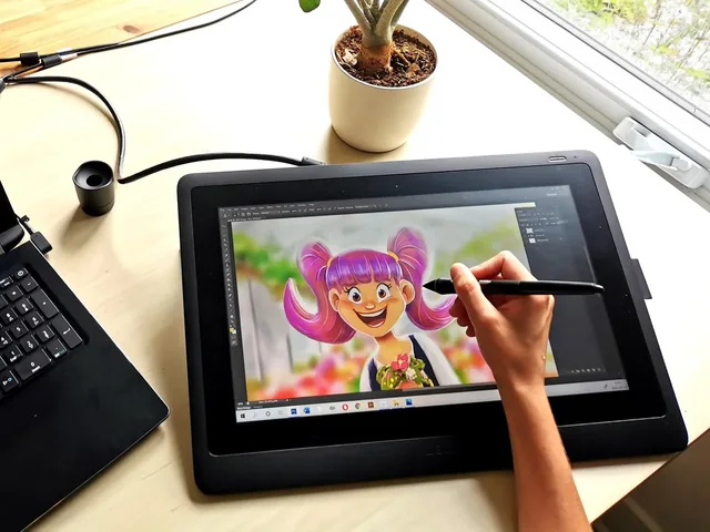 Laura dessine une fillette aux couettes roses sur sa tablette graphique