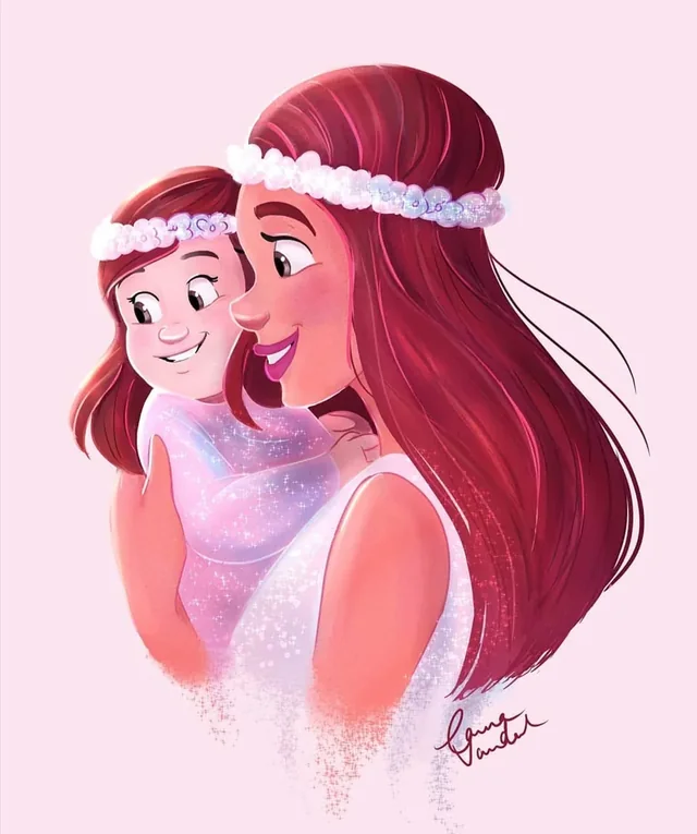 Illustration d’une maman et de sa fille portant des couronnes de fleurs