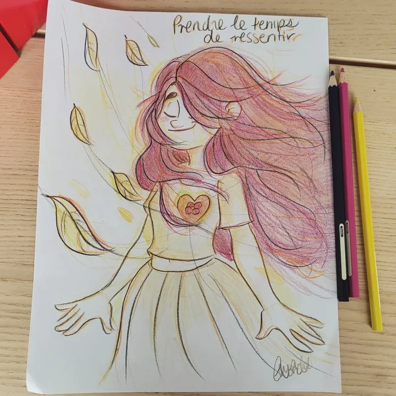 Coloriage « Prendre le temps de ressentir » : une fille aux longs cheveux roses entourée de feuilles