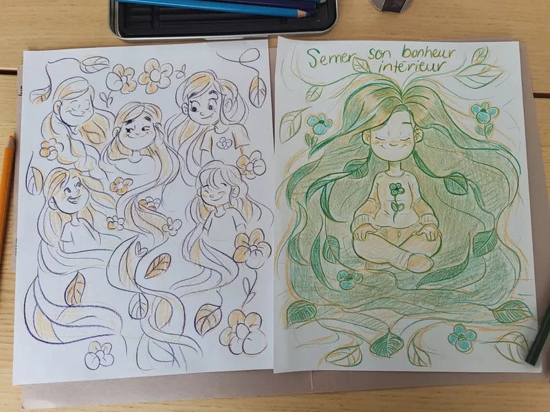 Deux coloriages côte à côte, dont « Semer son bonheur intérieur » colorié en vert