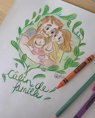 Une famille enlacée dans une couronne de feuilles