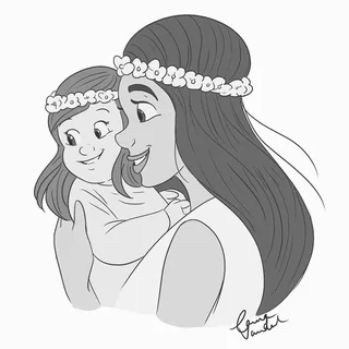 Une maman et sa fille portant des couronnes de fleurs