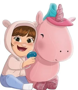 Le dessin final : une petite fille en chandail à oreilles serre sa licorne, avec ses paillettes et sa suce