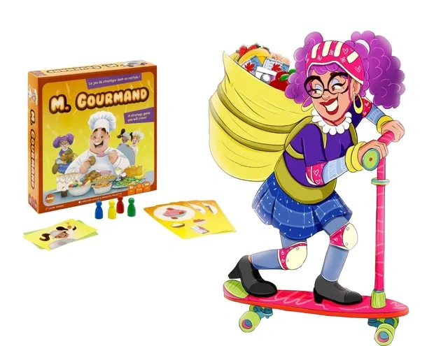 Le jeu de société M. Gourmand et Madame Emplettes en trottinette