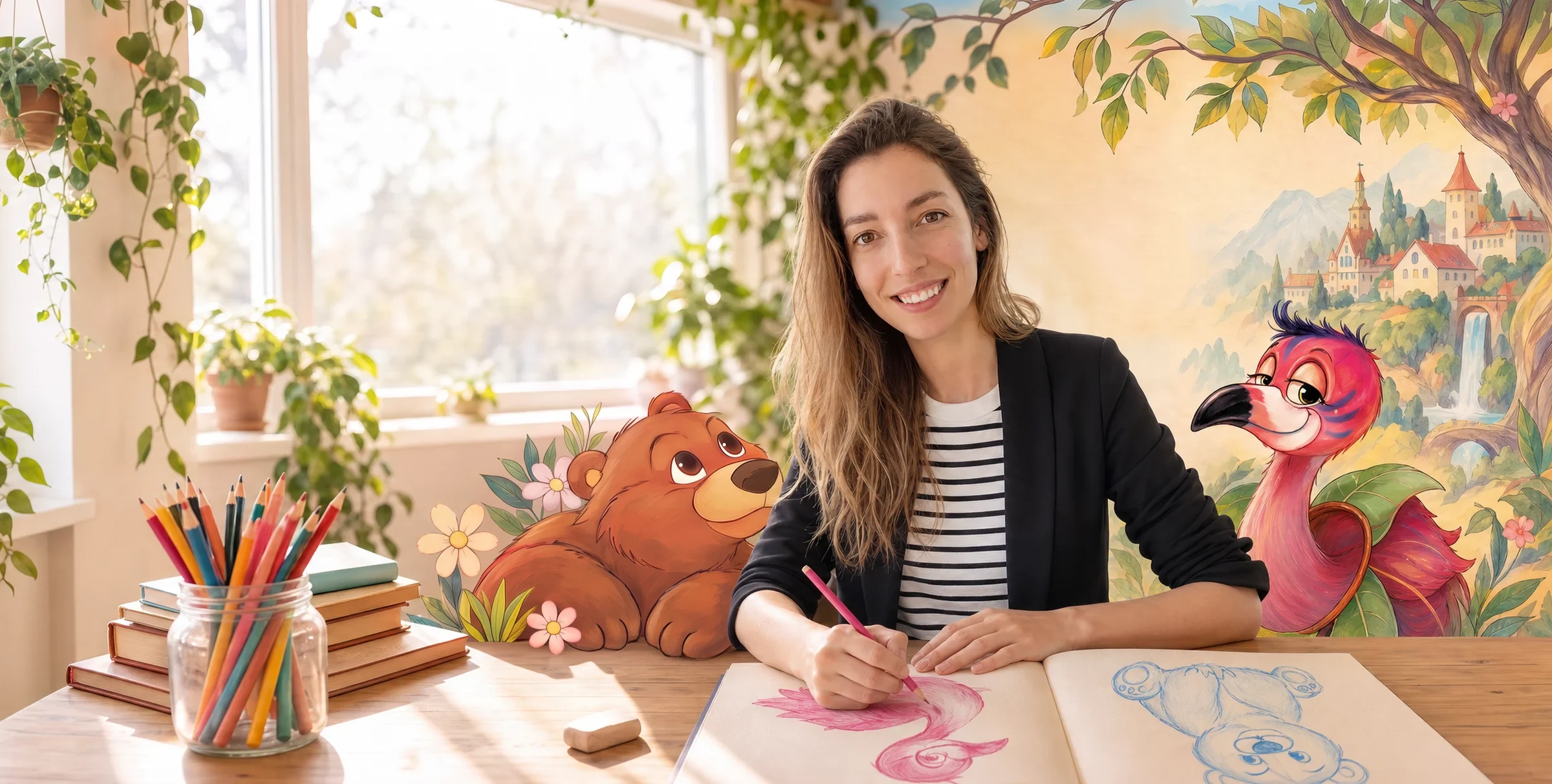 Laura Vandal sourit en dessinant dans son carnet de croquis, entre l’ourson et le flamant qu’elle a illustrés