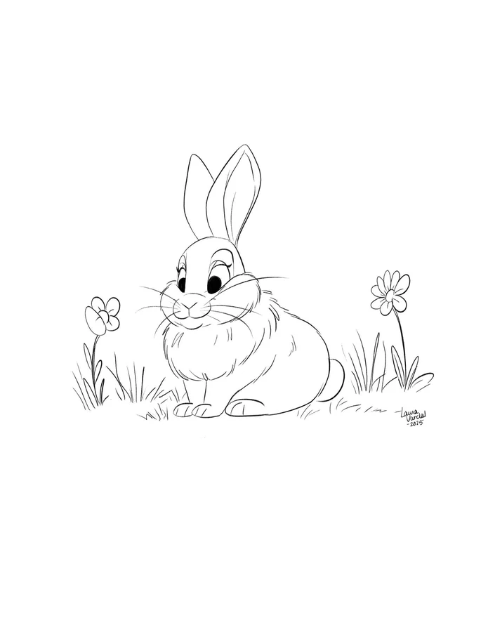 Coloriage à imprimer : un lapin assis dans l’herbe entre deux fleurs