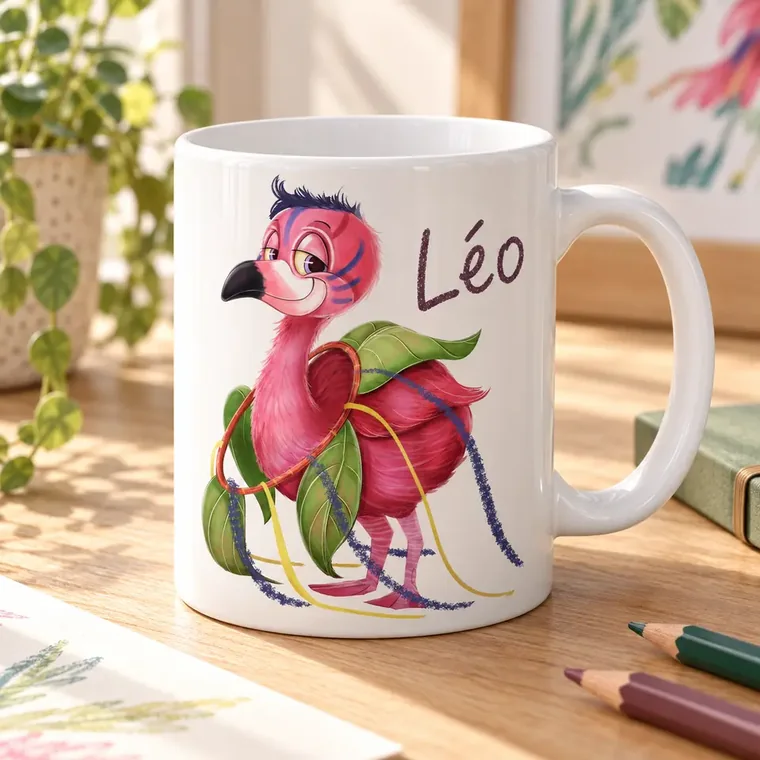Tasse avec le flamant rose et le prénom Léo