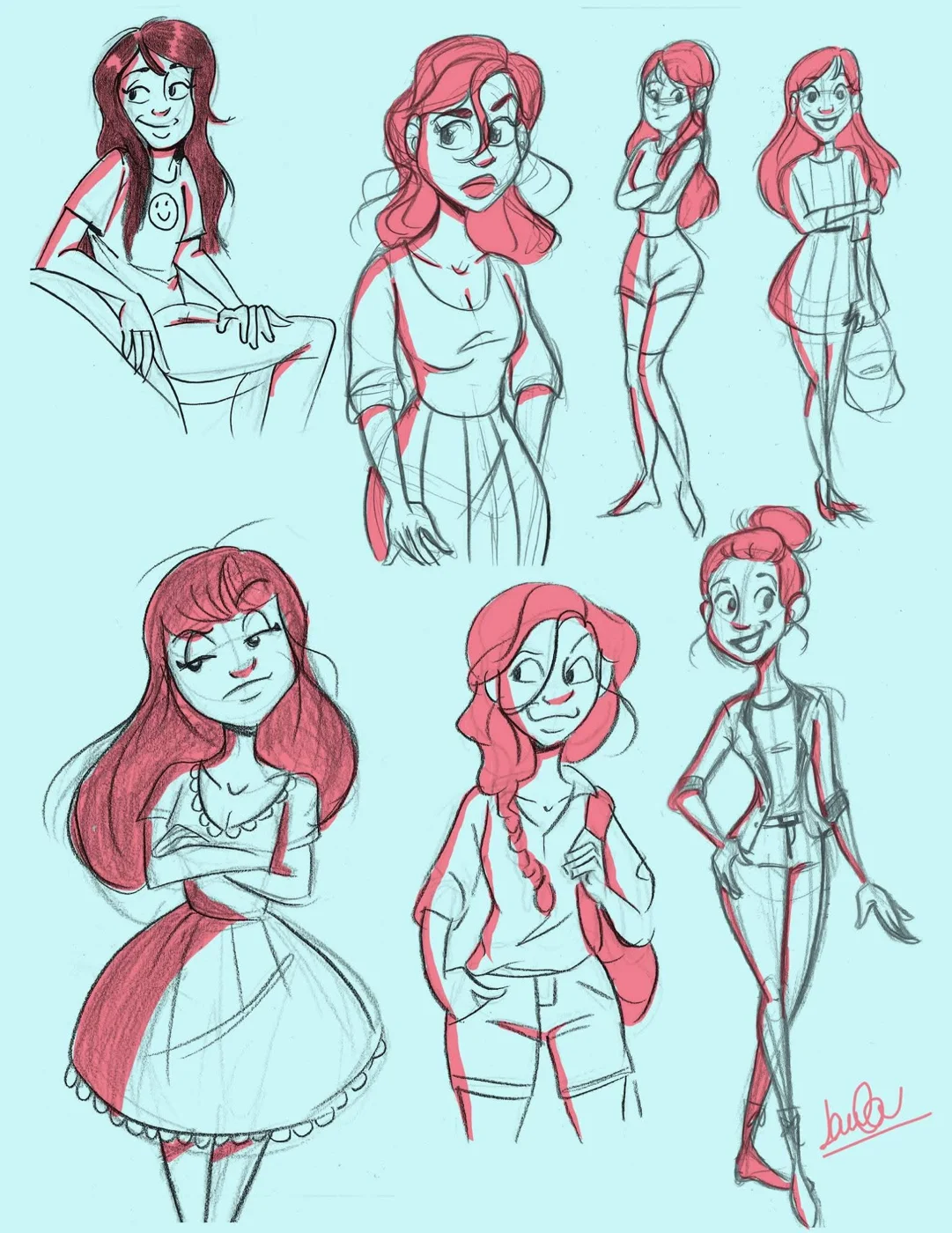 Page de croquis : la même jeune fille dessinée dans plusieurs poses et expressions