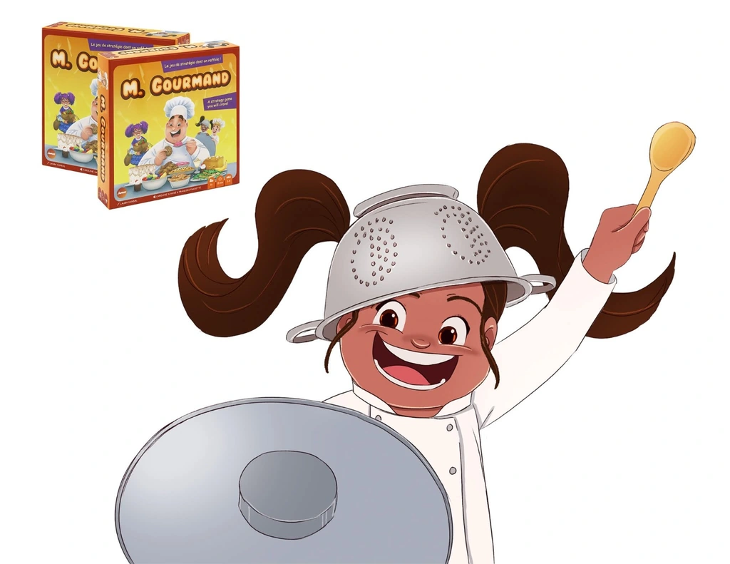 Carte du jeu M. Gourmand : une cuisinière coiffée d’une passoire