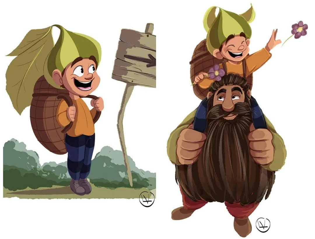 Un enfant au chapeau de feuille, puis sur les épaules d’un géant barbu