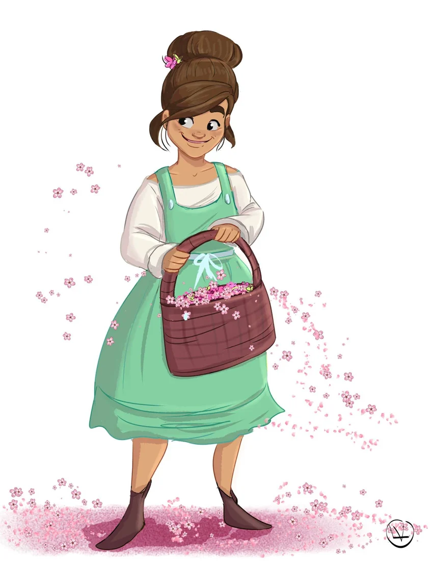 Jeune fille en robe verte qui sème des fleurs de cerisier d’un panier
