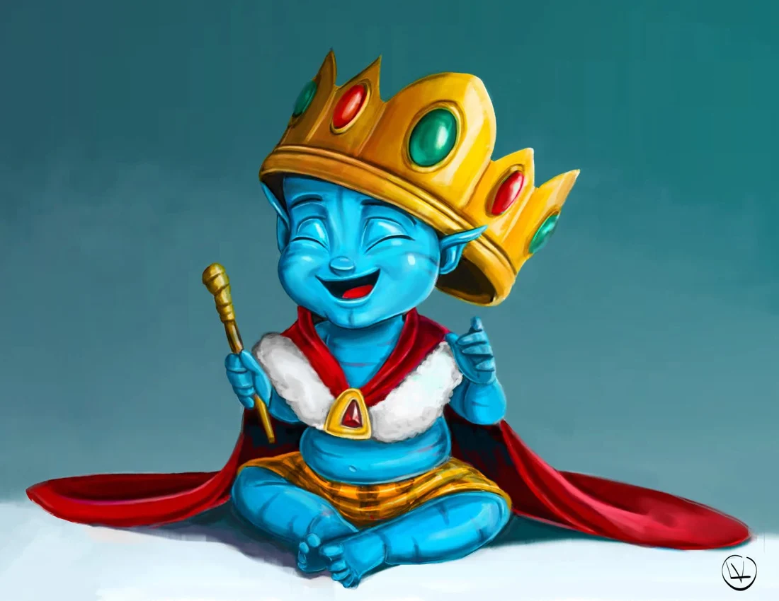 Petit roi bleu rieur coiffé d’une couronne trop grande