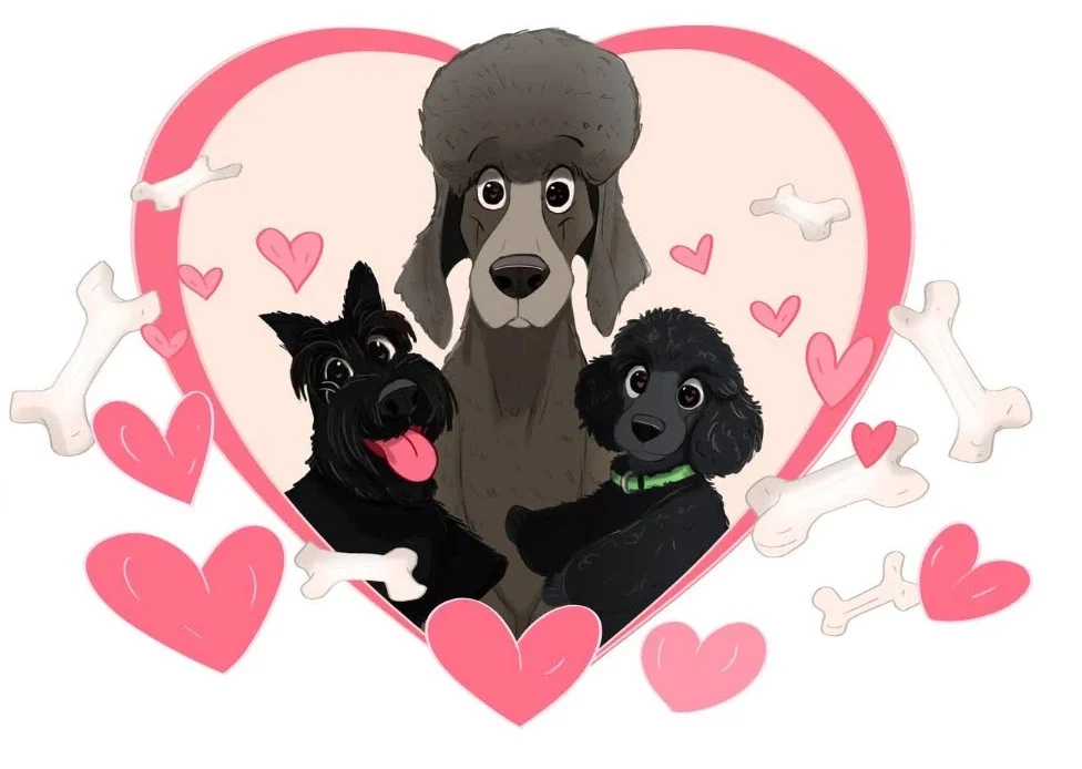 Trois chiens dessinés dans un grand cœur rose, entourés d’os et de petits cœurs