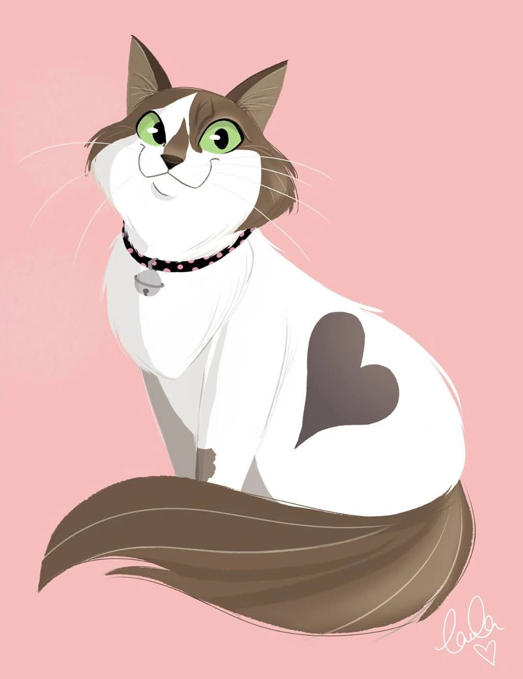 Le même chat dessiné par Laura Vandal sur fond rose, avec son cœur sur le dos et un collier à pois