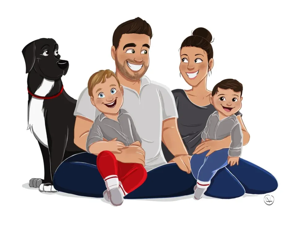 Portrait de famille : papa, maman, deux petits garçons et leur gros chien noir