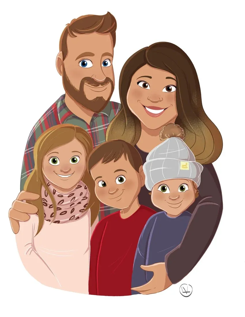 Portrait de famille : les parents et leurs trois enfants serrés les uns contre les autres