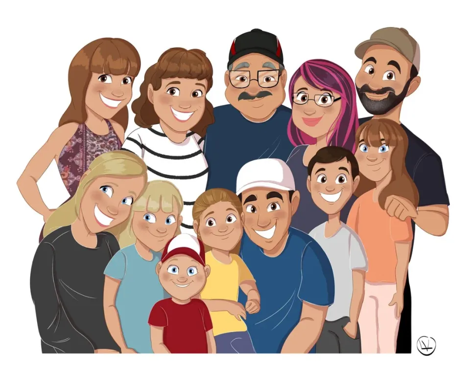 Grand portrait de famille de douze personnes, trois générations
