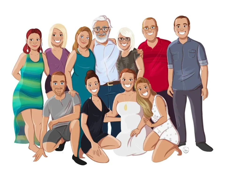 Portrait d’une grande famille de onze personnes, debout et à genoux