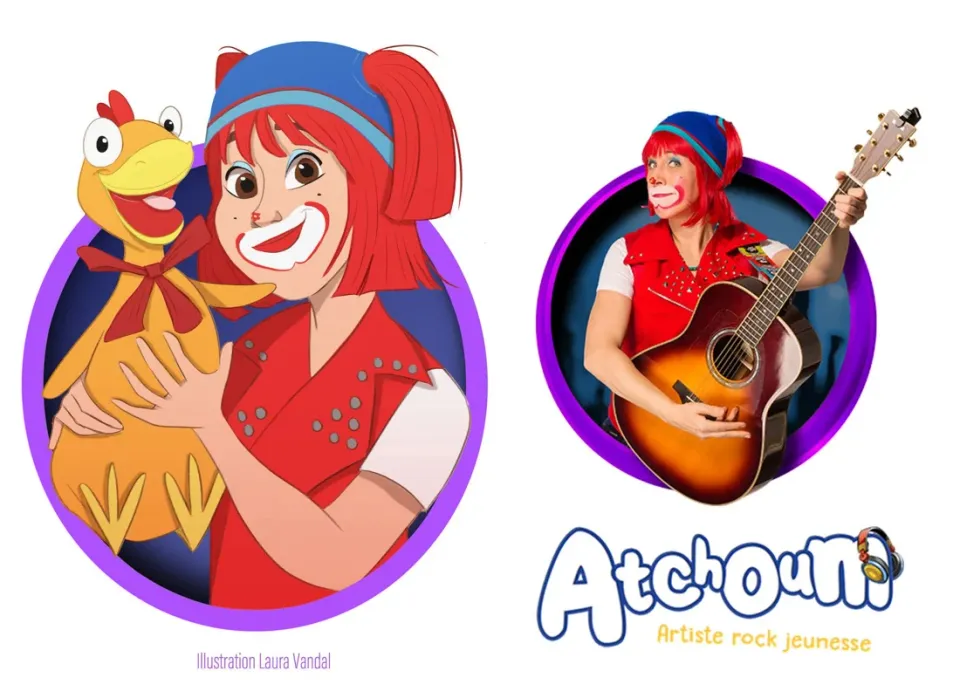 Portrait illustré de l’artiste Atchoum et de sa poule, à côté de sa photo