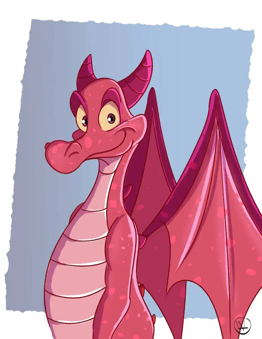 Dragon rose souriant aux grandes ailes, dessiné par Laura Vandal