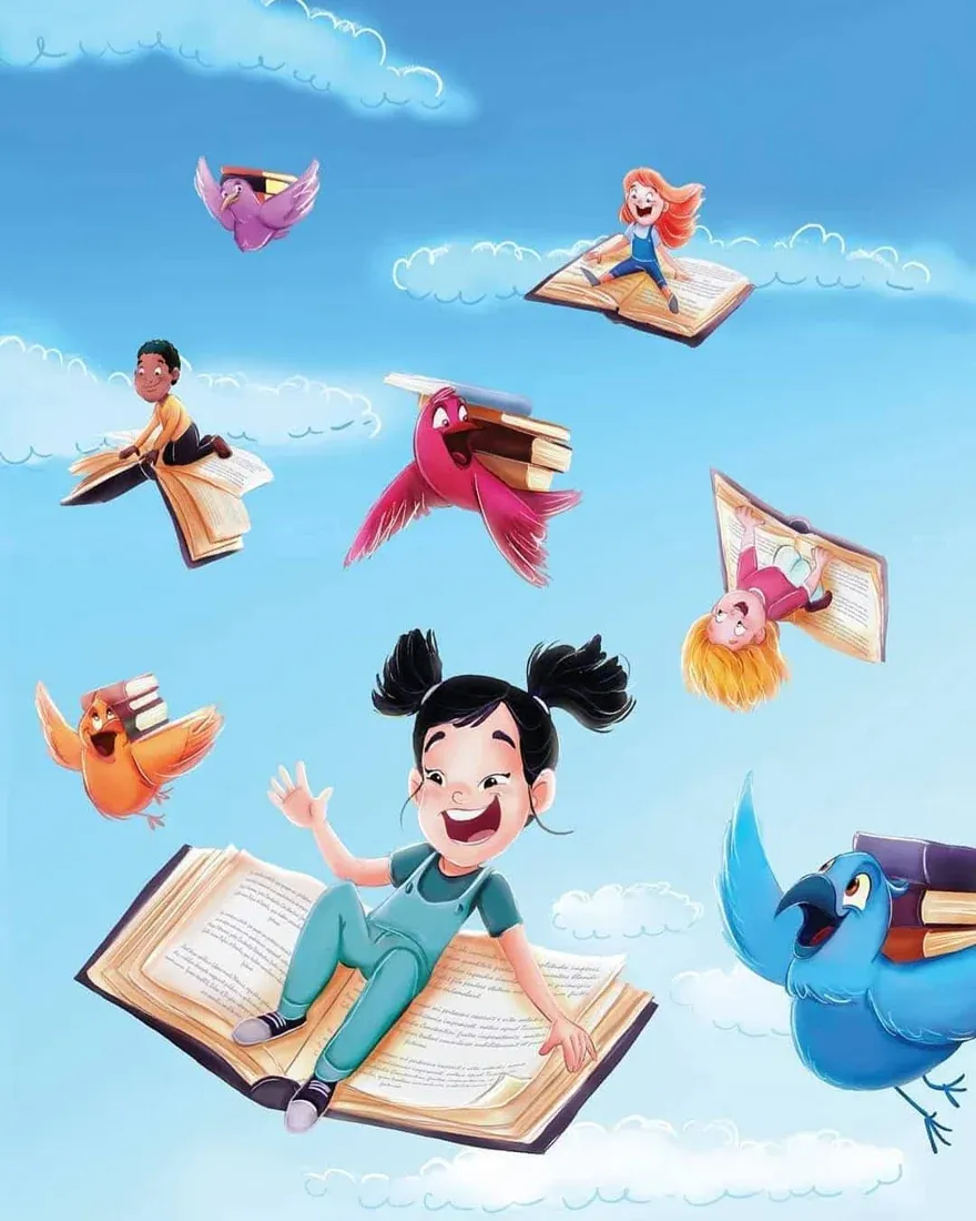 Enfants et oiseaux qui volent dans le ciel sur des livres ouverts