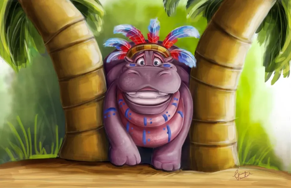 Hippopotame coiffé de plumes, coincé entre deux palmiers