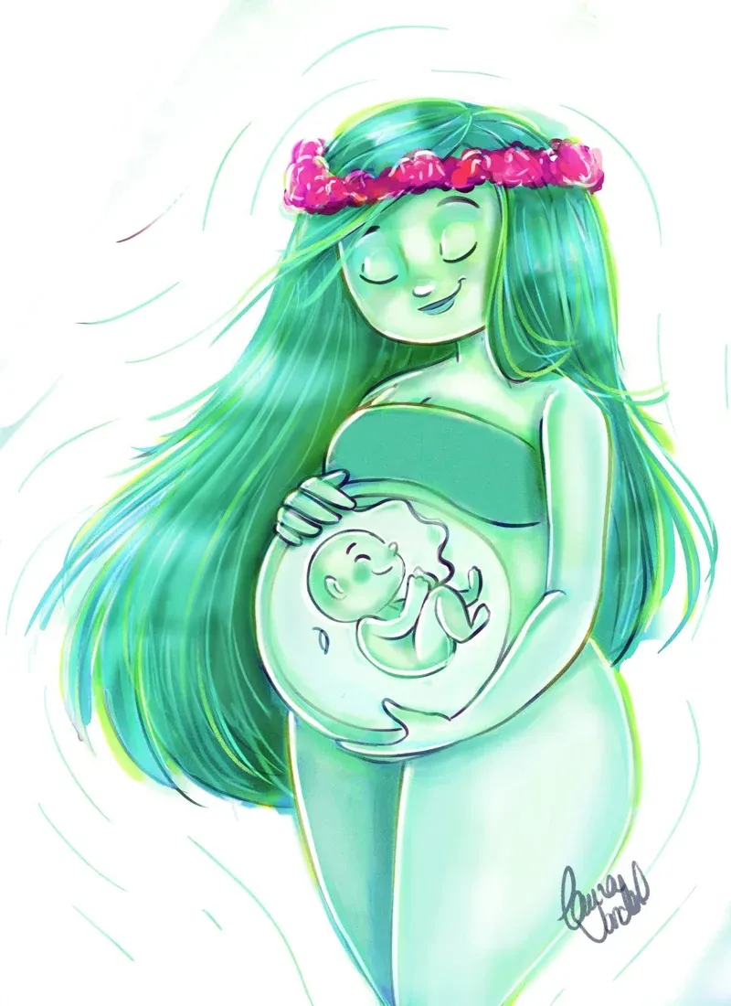 Future maman aux longs cheveux verts qui caresse son ventre