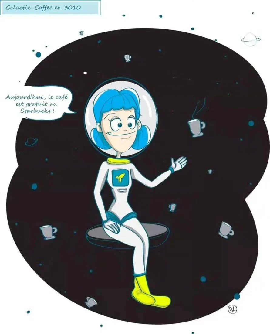 Astronaute aux cheveux bleus assise dans l’espace parmi des tasses de café flottantes