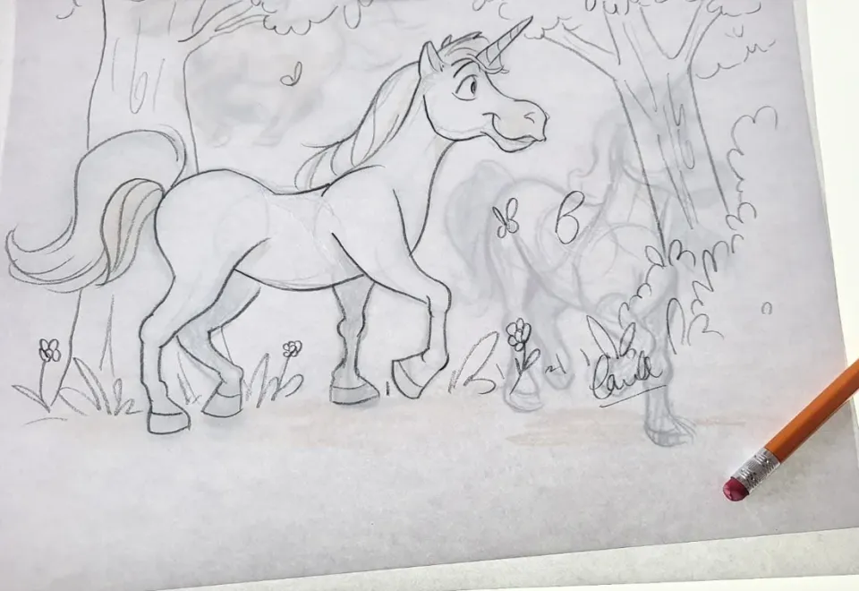 Licorne redessinée au crayon sur papier calque par-dessus son esquisse