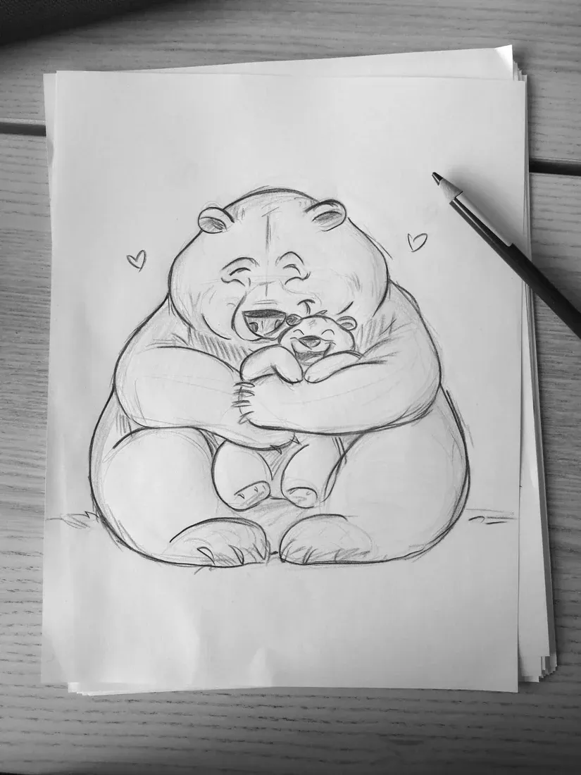 Croquis au crayon d’un gros ours qui serre son ourson dans ses bras