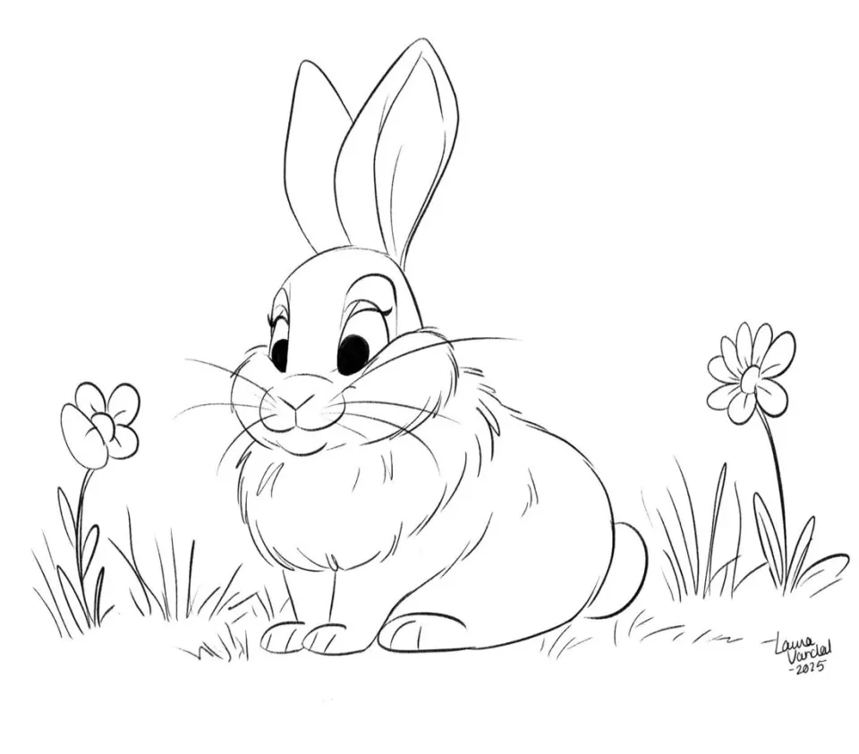 Lapin au trait noir assis dans l’herbe entre deux fleurs, à colorier