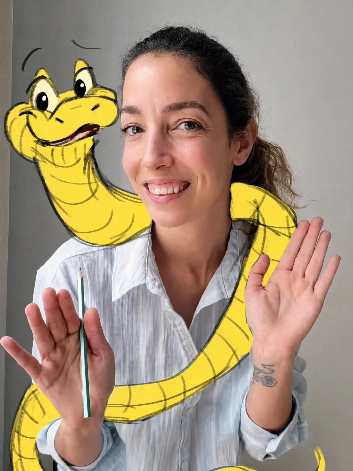 Laura Vandal sourit, un serpent dessiné enroulé autour de ses épaules