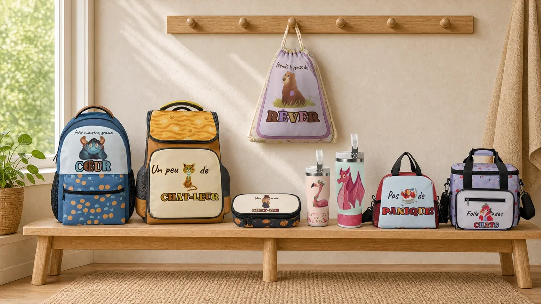 Les huit produits illustrés par Laura posés sur un banc d’entrée : sacs à dos, étui, gourdes, sacs à lunch et sac de sport